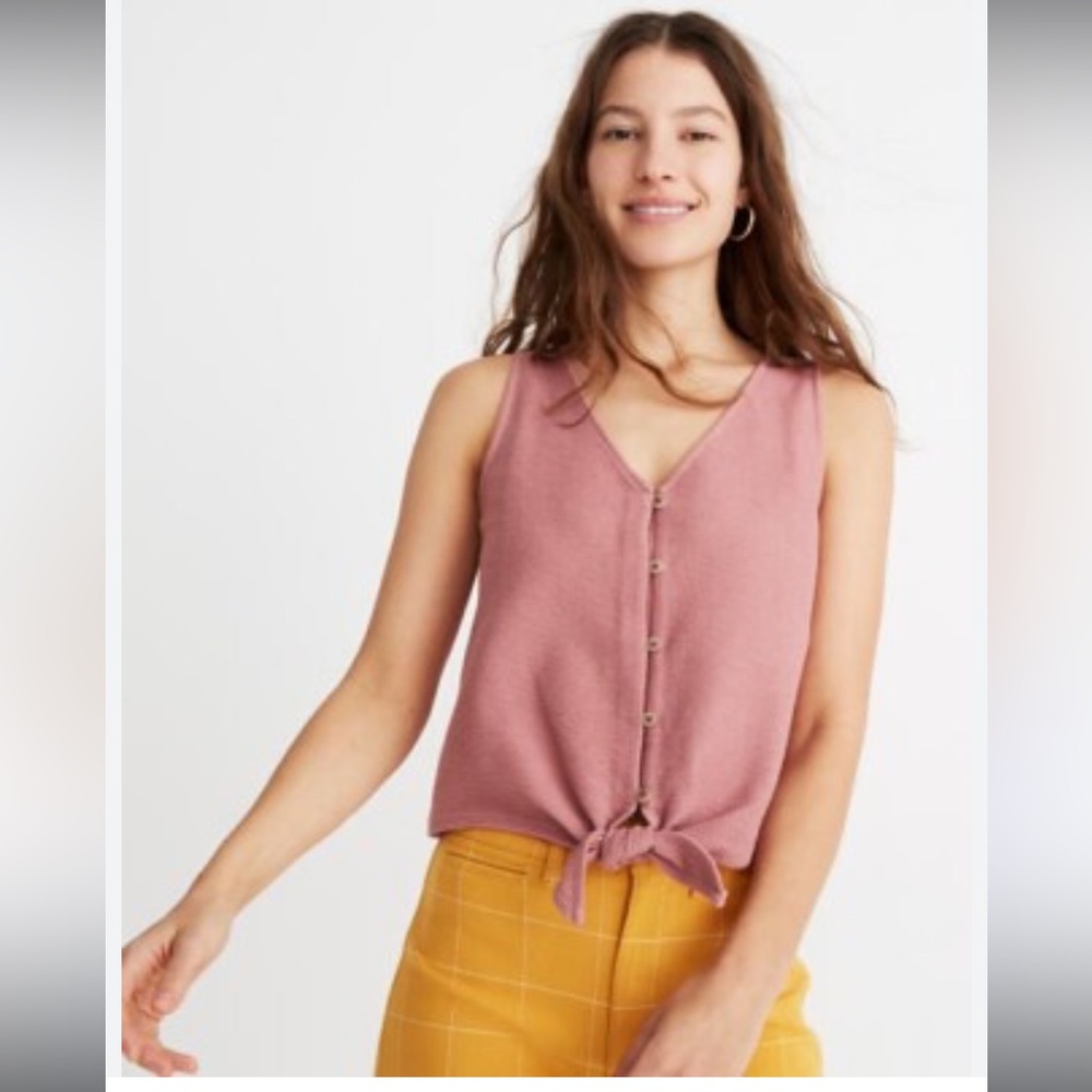 MADEWELL Texture & Thread Button Front Tie Tank In Heather Bloom Pink | Size L